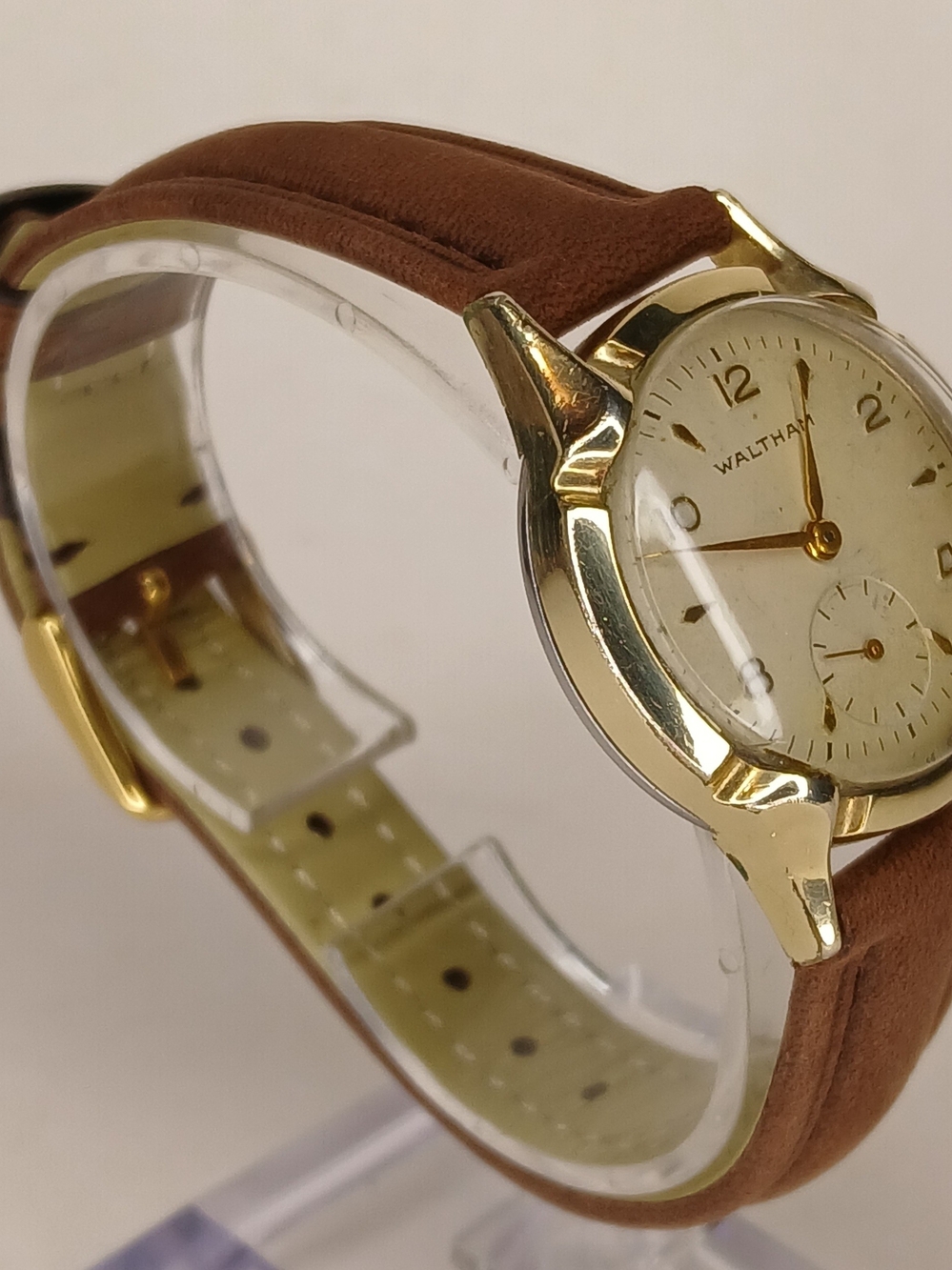 Vintage Waltham 10K RGP Manual Wind Men Watch Sub Seconds Fancy Lugs Leather